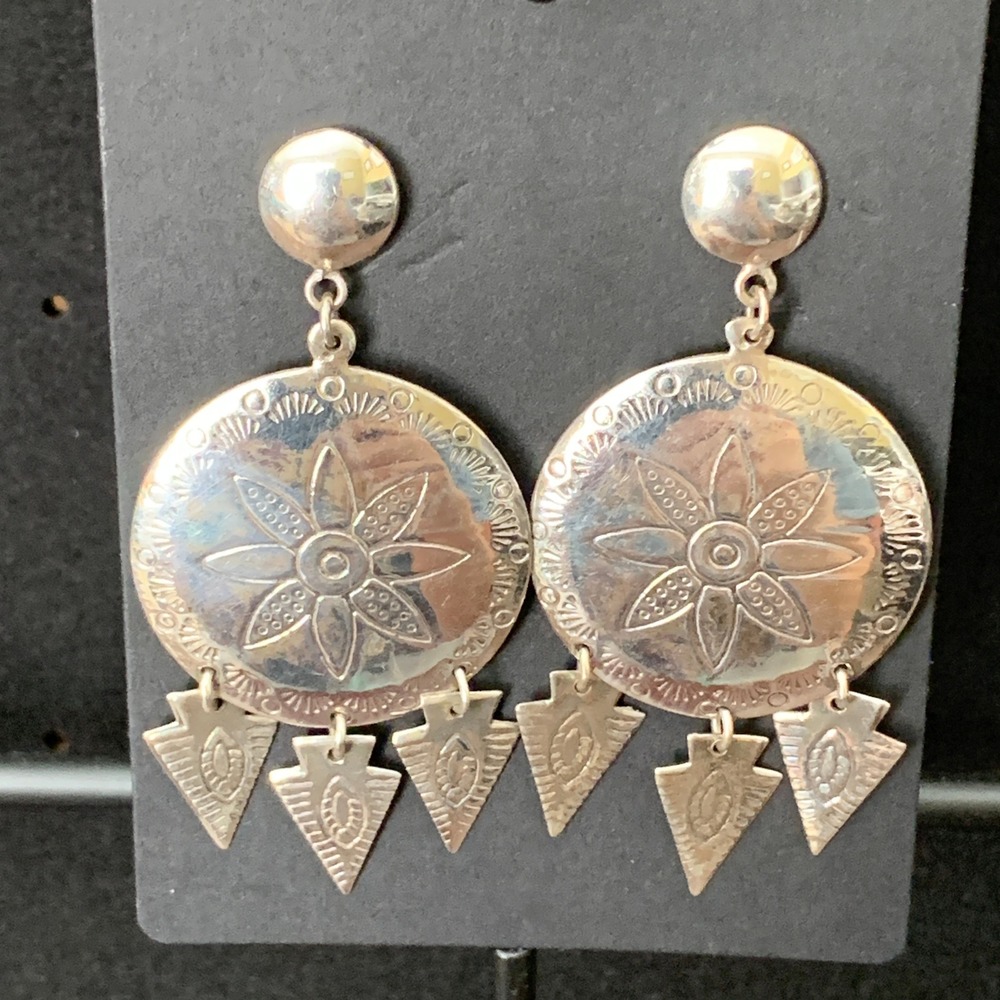 925 Sterling Silver Southwestern Sunburst Arrowhead Earrings Statement Concho